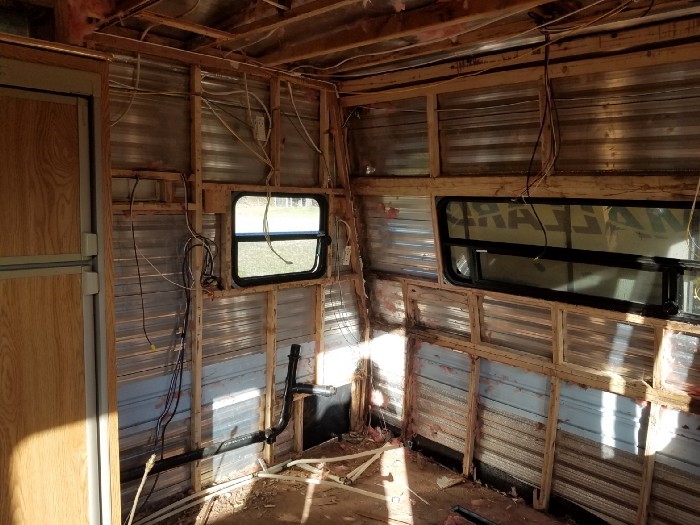 Interior of a travel trailer with walls removed