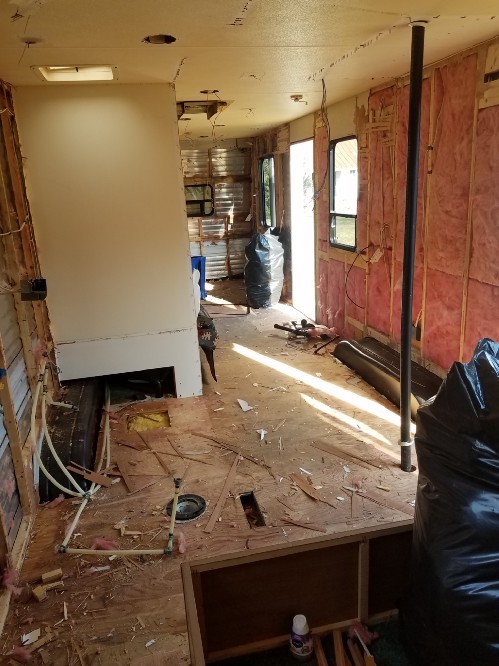 Interior of a travel trailer with walls and floor removed