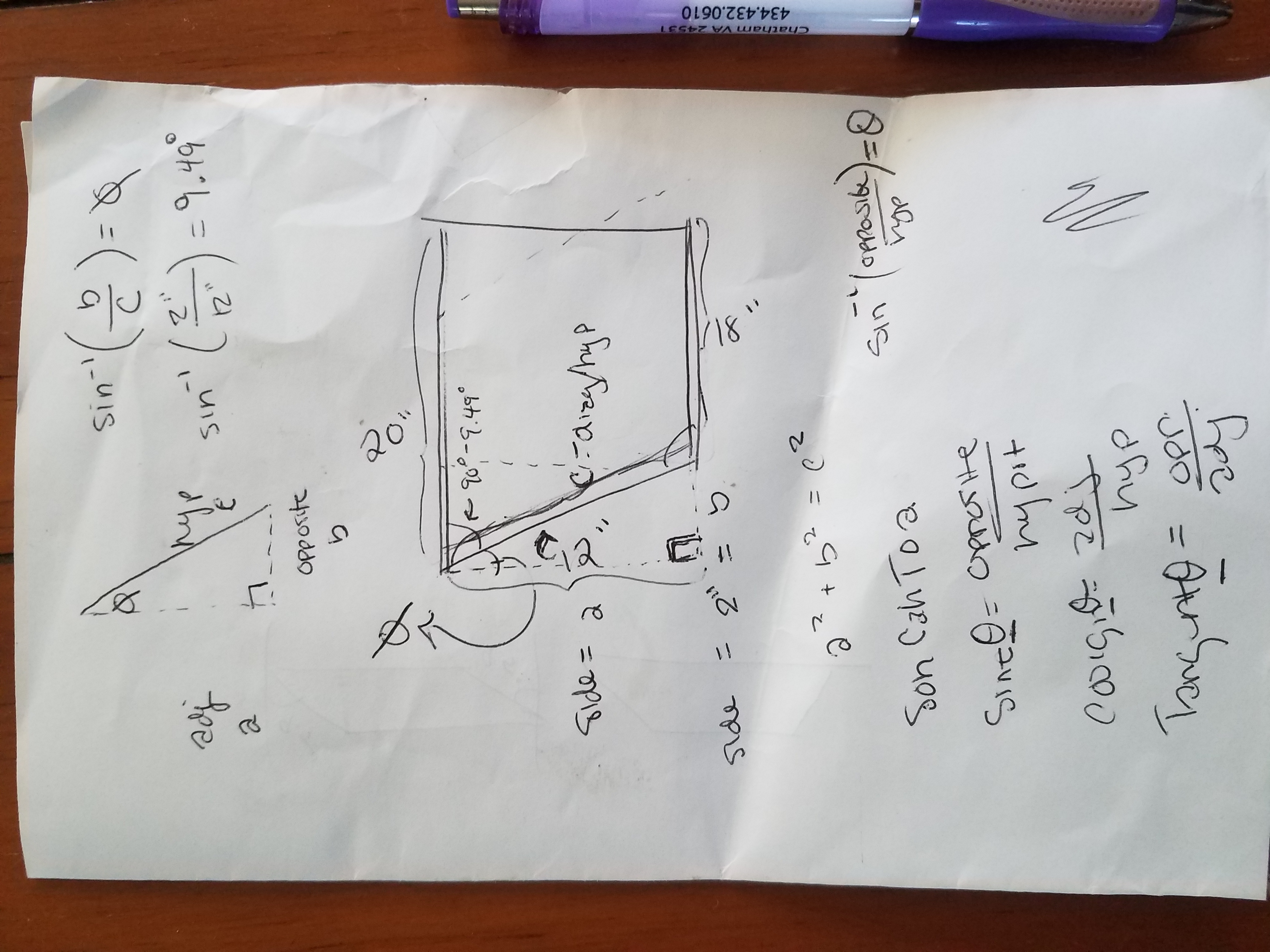 A paper showing calculations for the angle of the shelving and the needed cuts