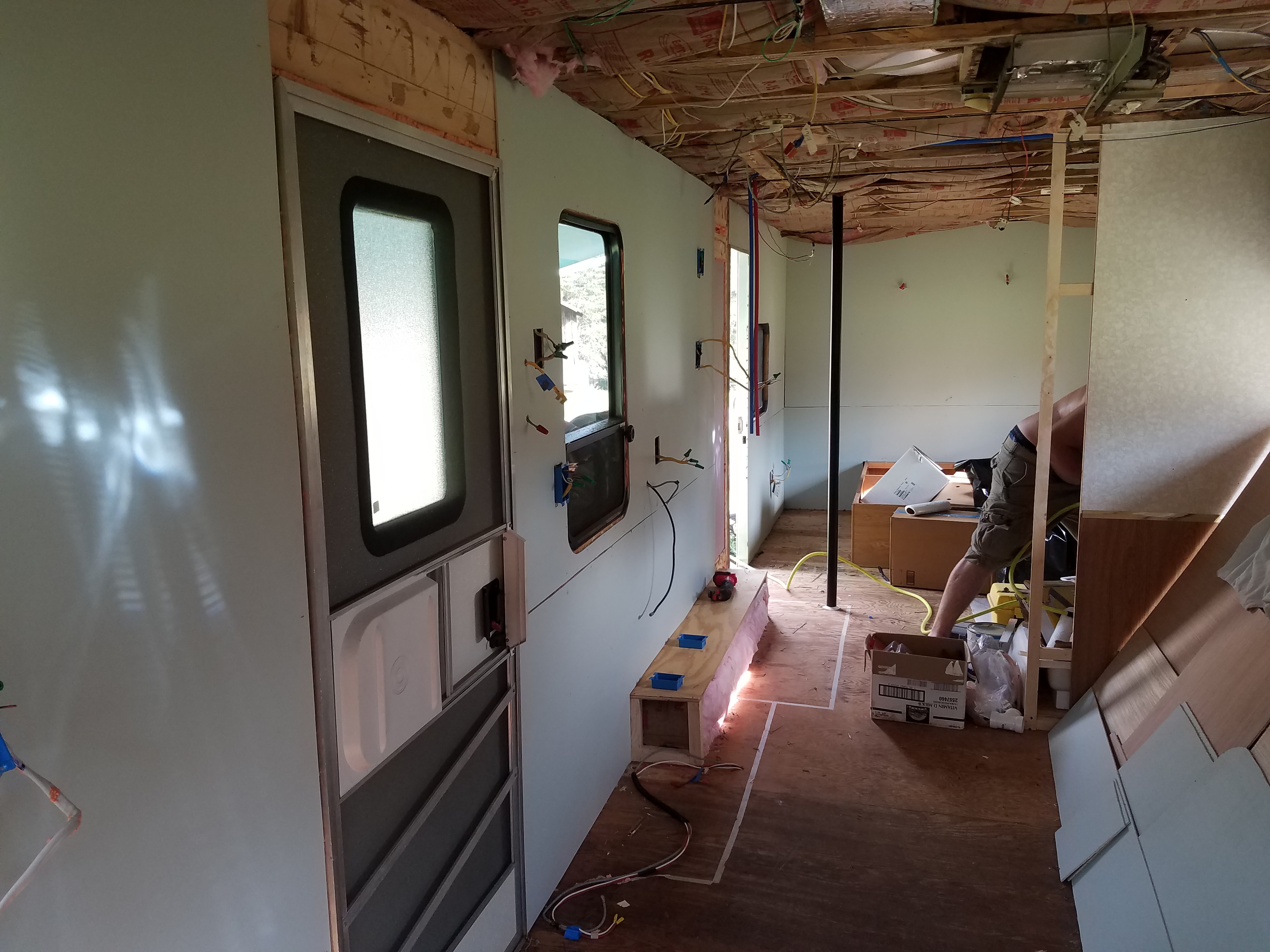 The paneled walls inside the travel trailer