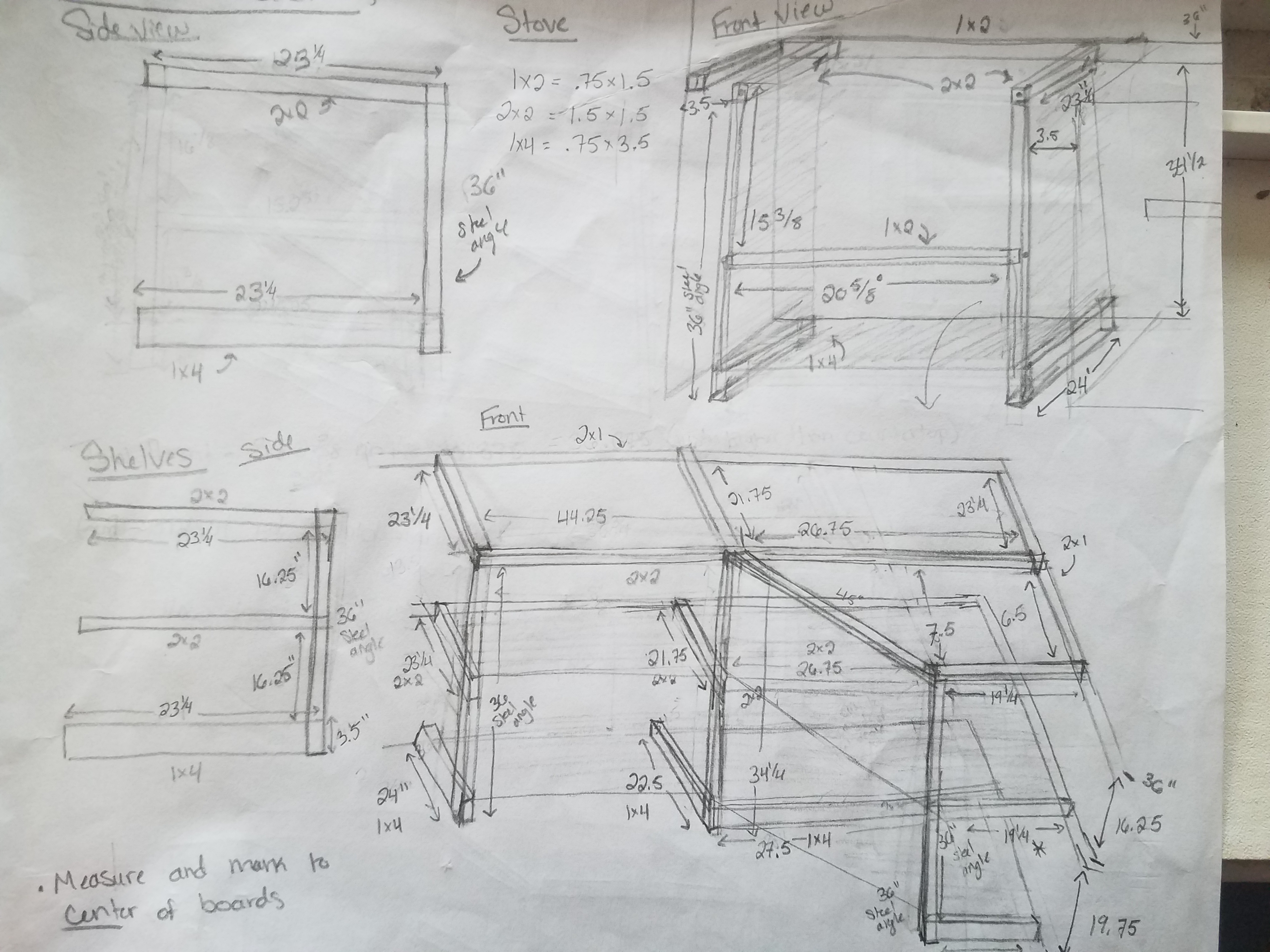 Schematic plans for kitchen shelving and countertop