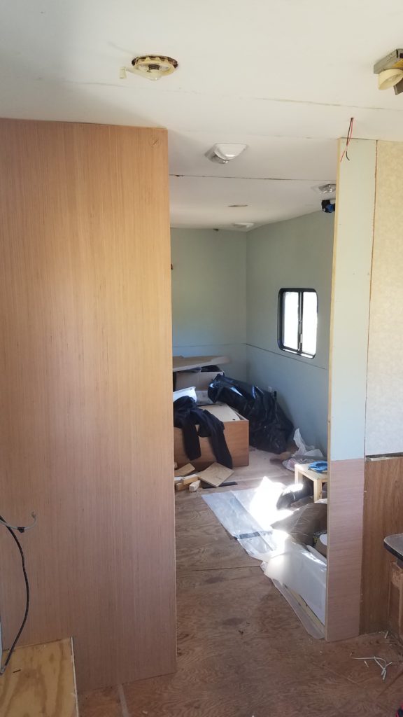 The interior of the travel trailer with newly build closet